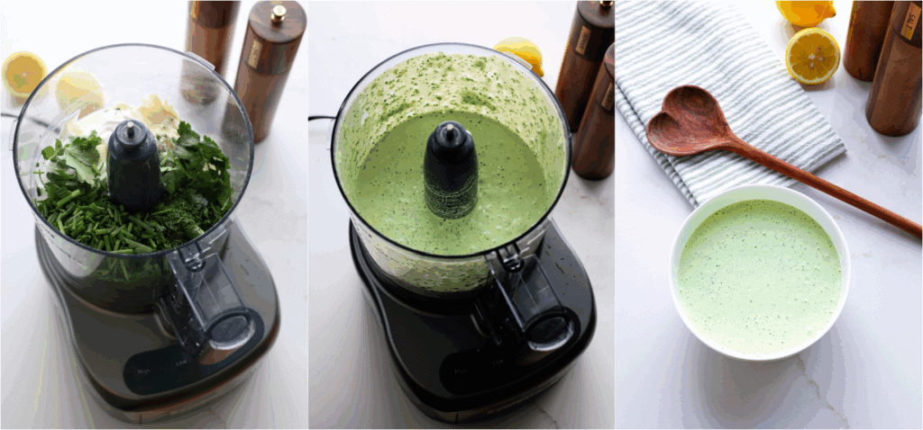 Some of steps to making Green Goddess dressing. Add the mayo, sour cream, anchovy paste, garlic, parsley, dill, chives, and lemon juice to a food processor. Pulse until well combined.
