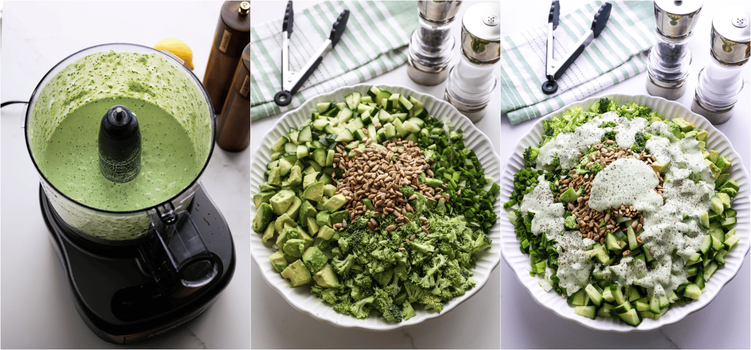 Some of the steps to making. Add the mayo, sour cream, anchovy paste, garlic, parsley, dill, chives, and lemon juice to a food processor. Pulse until well combined. Add the green cabbage, cucumber, green onions, avocado, sunflower seeds, and broccoli to a large serving bowl. Add the desired amount of dressing. 