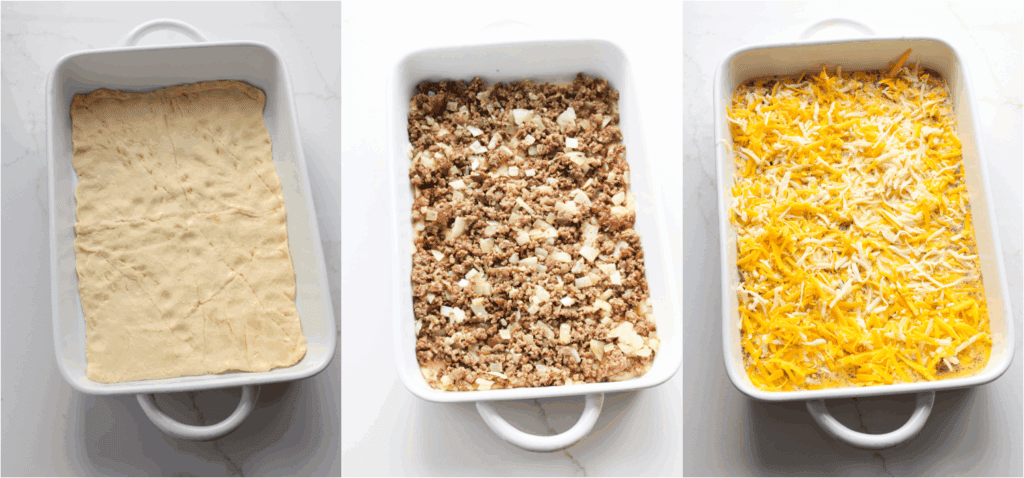 Some of the steps to making Crescent Roll Breakfast Casseole. Spread the crescent rolls in the bottom of a 9x13-inch casserole dish, pinching the seams together. Spoon the sausage mixture over the crescent rolls. Pour the egg mixture over the sausage mixture. Top with the remaining cheese.