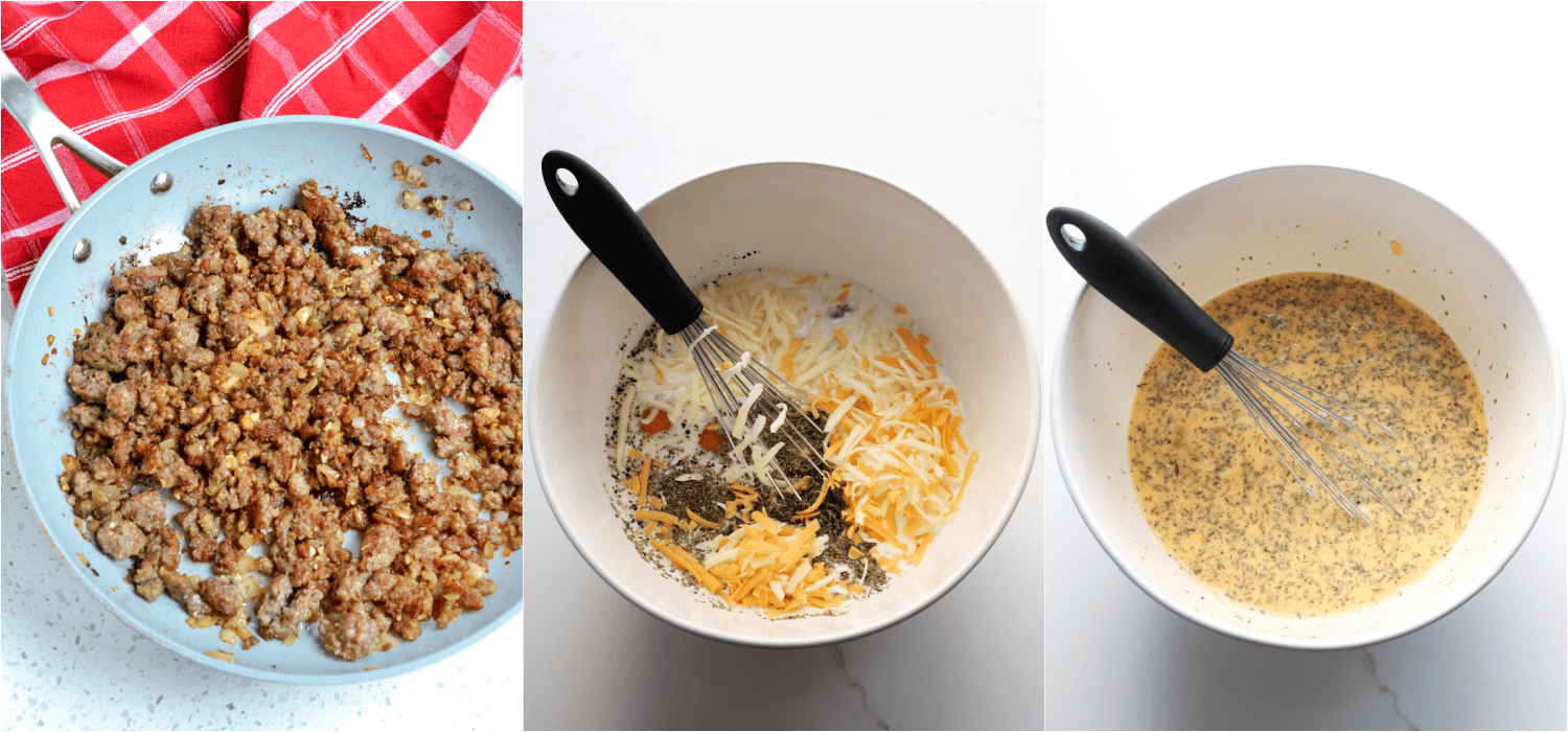 Some of the steps to making Crescent Roll Breakfast Casseole. Brown the pork sausage in a large skillet over medium heat. About halfway through the browning process, add the onion, and continue cooking until the sausage browns and the onion softens. Reduce the heat to low and add the garlic. Cook the garlic for 1 minute, stirring constantly. In a large bowl, whisk the eggs, milk, half the cheese, salt, black pepper, marjoram, and thyme. 