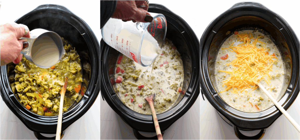 Some of the steps to making crockpot broccoli cheddar soup. Whisk the reserved chicken broth with the flour. Stir it into the crockpot. Cover and cook on high for about 15 minutes. Lower the crockpot to warm and stir in the heavy cream and shredded cheese.