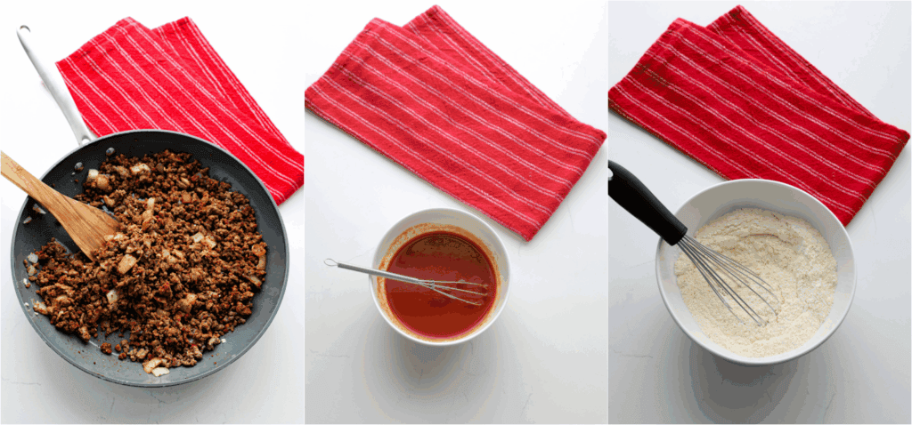 Some of the steps to making chili cornbread casserole. Brown the ground beef in a large ovenproof skillet over medium heat. About halfway through the browning process, add the onion. Cook until the onion is soft. Reduce the heat to low and add the garlic, chili powder, cumin, marjoram, paprika, salt, and pepper. Stir in the tomatoes and beans. Whisk the beef broth and tomato paste, and stir it into the mixture. Whisk the flour, cornmeal, sugar, baking powder, and salt. 