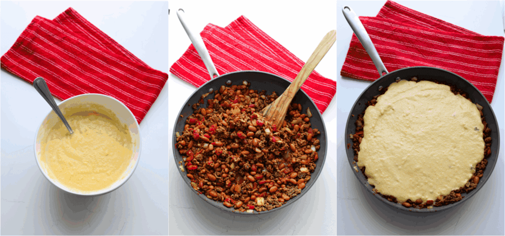 Some of the steps to making chili cornbread casserole. Stir in the milk, eggs, butter, and half the cheese. Spread the cornbread mixture over the chili. 