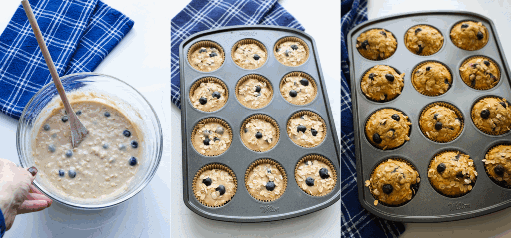Some of the steps to making blueberry oatmeal muffins. Fold in the blueberries. Divide the mixture evenly in the muffin liners.