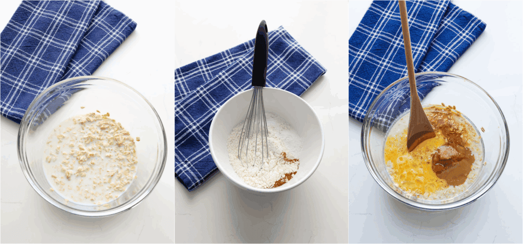 Some of the steps to making blueberry oatmeal muffins. Whisk the flour, baking powder, baking soda, cinnamon, and salt. Add the brown sugar, vegetable oil, beaten egg,  vanilla extract, and soaked oats. 