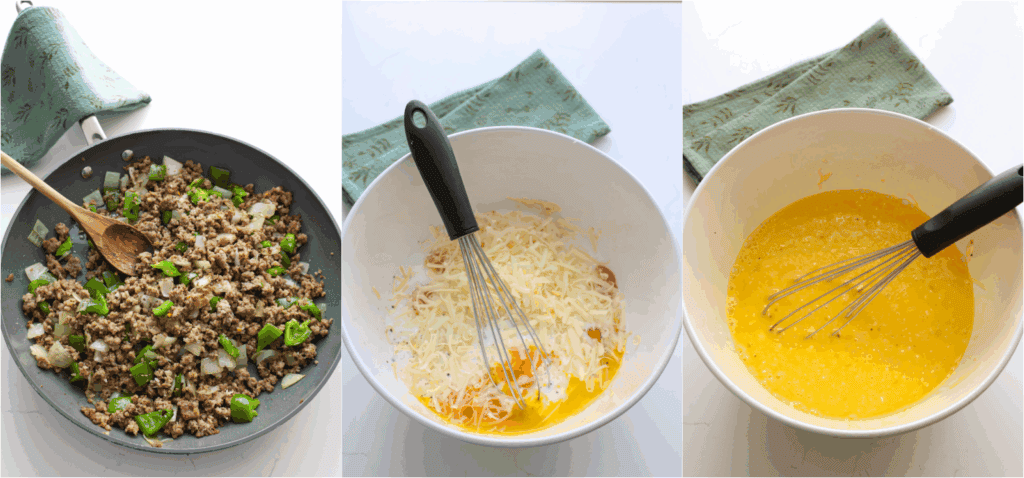 Some of the steps to making sausage, egg, and cheese casserole. Reduce the heat to low and add the garlic, thyme, marjoram, rosemary, and red pepper flakes. Stir and cook for a minute. Whisk the eggs, milk, salt, black pepper, and half the cheese.