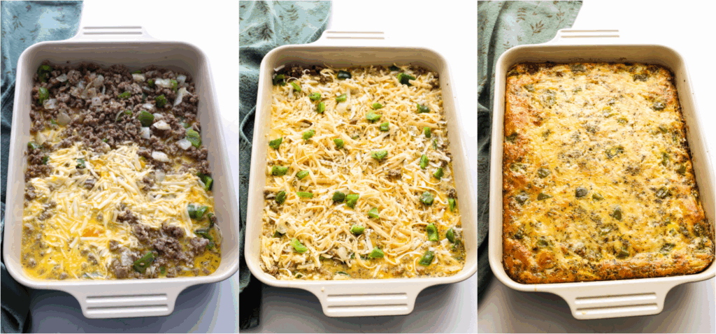 Some of the steps to making sausage, egg, and cheese casserole. Add the sausage mixture to the bottom of the baking dish.  Pour the egg mixture over the sausage mixture. 
Sprinkle with the remaining cheese and bake. 