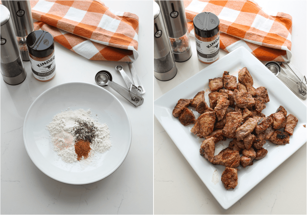 Some of the steps to making beef tips and rice. Whisk the flour, salt, black pepper, and garlic powder. Dredge the beef into the flour mixture. Brown the beef tips in a bit of oil, then transfer them to a plate.