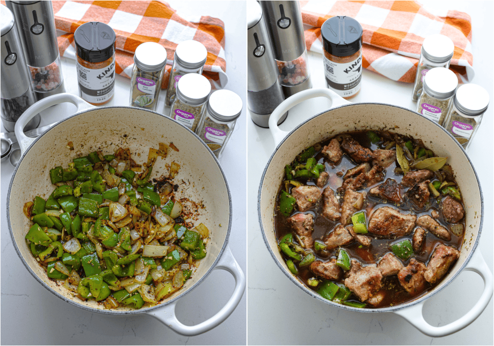 Some of the steps to making beef tips and rice. Cook the onion and bell pepper over medium heat. Reduce the heat to low and add the garlic, thyme, rosemary, and marjoram. Return the beef to the pot with the vegetable mixture. Add the beef broth, Worcestershire sauce, and bay leaves.