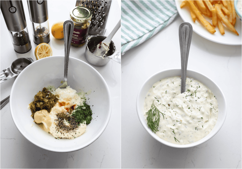 Some of the steps to making tartar sauce. Mix all the ingredients in a medium bowl. Taste and season with more salt and pepper, if desired. Sprinkle with chopped fresh dill.