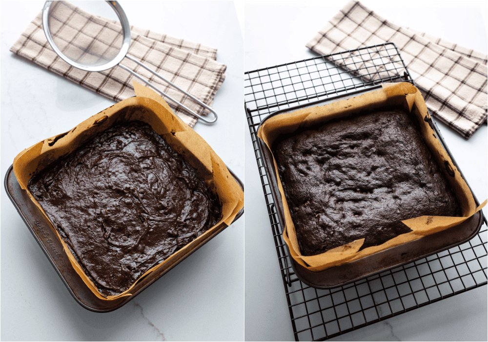 Some of the steps to making banana brownies. Spread the batter in a pan lined with parchment paper. Bake until set.