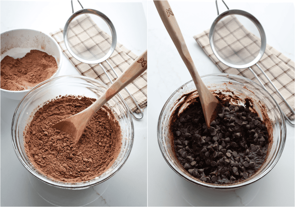 Some of the steps to making banana brownies. Stir in the cocoa mixture. The batter will be thick. 
Stir in the chocolate chips.