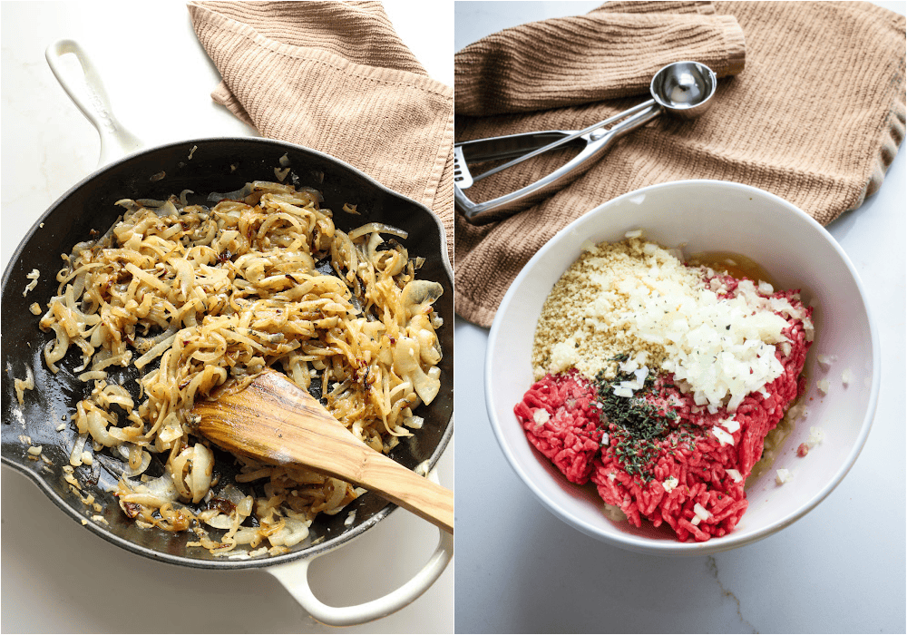 Some of the steps to making French onion meatballs. Melt the butter in a large heavy skillet over medium-low heat. Add the onions, salt, and black pepper. Cook until very tender and caramelized. Reduce the heat to low and add the garlic and thyme. Meanwhile, mix the ground beef, breadcrumbs, egg, onion, thyme, and Worcestershire sauce.