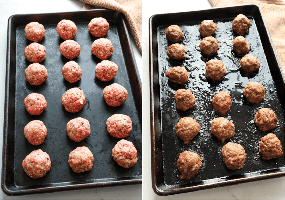 Some of the steps to making French onion meatballs. Shape the mixture into meatballs and place them on a baking sheet about an inch apart. Bake the meatballs until cooked through.