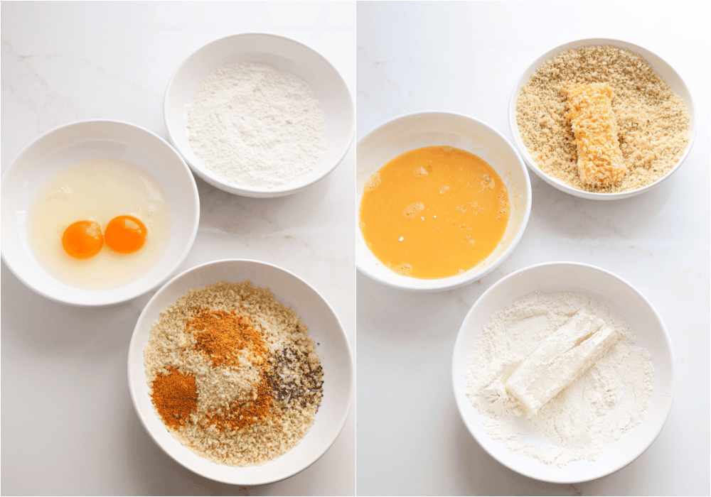 Some of the steps to making fried cod. Set up your breading stations with three shallow bowls. One with flour, one with beaten eggs and water, and the final one with panko breadcrumbs, salt, garlic powder, Cajun seasoning, and black pepper. Dredge the cod filets through the flour, then into the beaten egg, and then through the breadcrumb mixture.