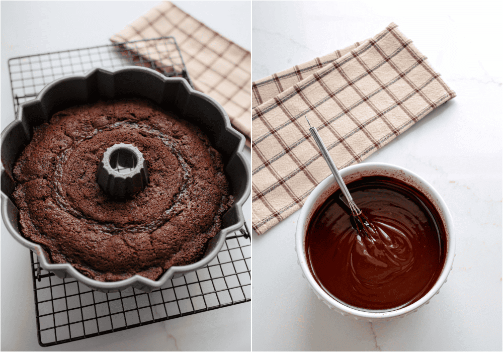 Some of the steps for making chocolate bundt cake. Bake until a toothpick inserted in the center comes out clean or with a few dry crumbs. Warm the heavy cream in a microwave-safe bowl for 2 minutes. Add the semisweet chocolate and let the warm cream melt it for several minutes. Whisk the mixture in one direction until creamy and smooth.