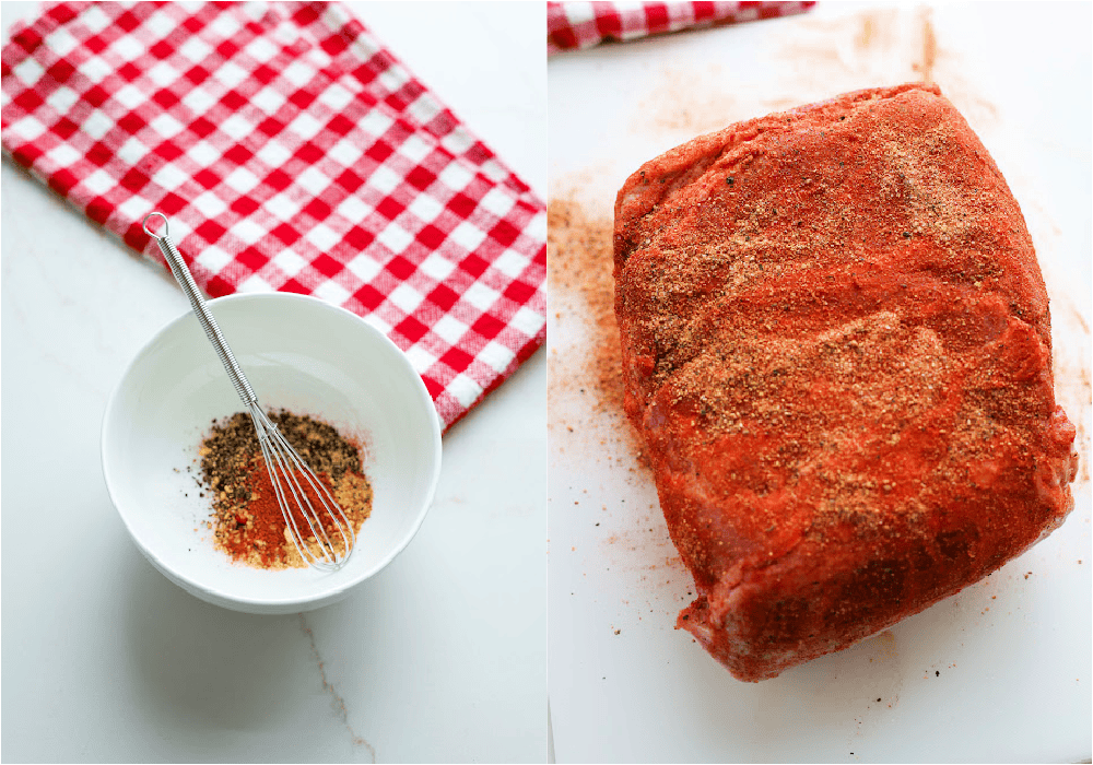 Some of the steps for making pulled pork nachos. Mix the seasoning and rub it over the meaty parts of the pork and let it rest for 1-2 hours. If resting longer than that, refrigerate it. 