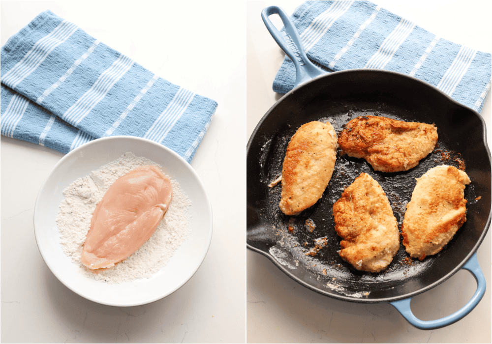 Some of the steps for making creamy chicken pasta. Whisk the flour, salt, and pepper in a wide shallow bowl. Dredge the chicken in the flour mixture. Pan-fry the chicken until golden brown and cooked through.