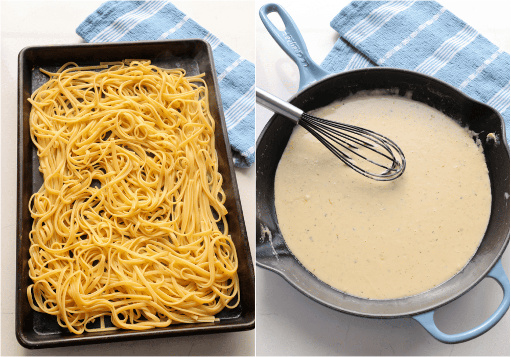 Some of steps for making creamy chicken pasta. Meanwhile, cook the pasta al dente according to the package instructions. Reserve one cup of pasta water. Drain well. 

Melt the butter in the skillet over low heat. Add the garlic and Italian seasoning. Cook for a minute while stirring. 

Sprinkle the flour and continue whisking and stirring for a couple of minutes. Slowly whisk in the chicken broth and cream. Stir in the Parmesan cheese.