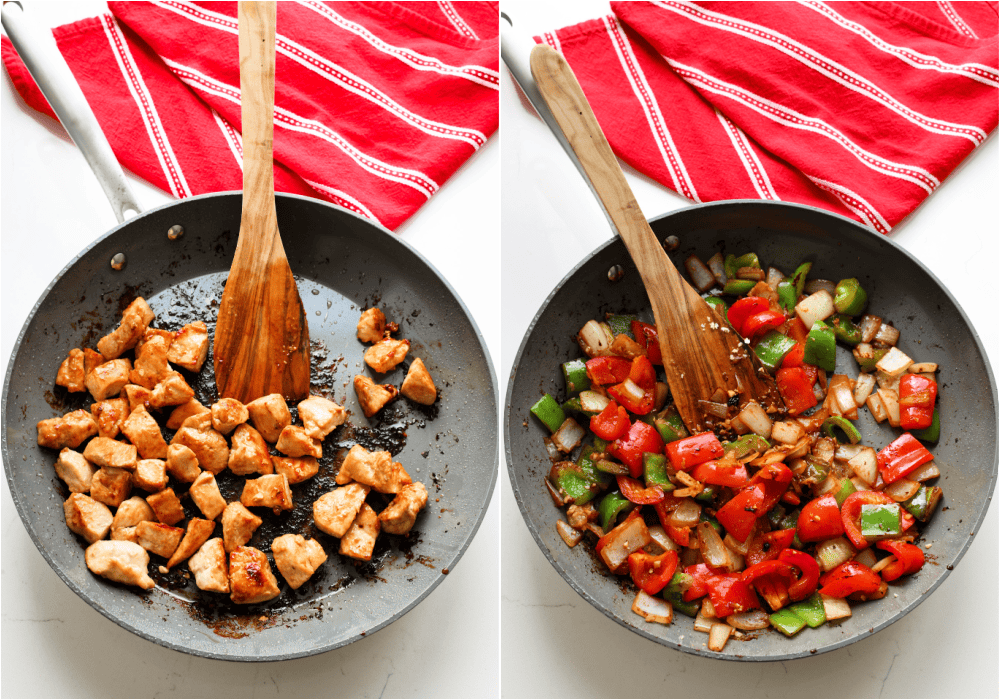 Some of the steps to making Szechuan chicken.Heat a little olive oil in a large skillet over medium heat. Remove the chicken from the marinade, pushing off any peppercorns with a table knife. Cook the chicken until browned and cooked through. Plate the cooked chicken. If needed, add a little more olive oil to the skillet. Cook the bell pepper and onion until crisp-tender. Plate the vegetables. 