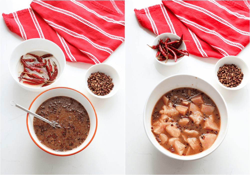 Some of the steps to making Szechuan chicken. Whisk the sauce ingredients together. Pour half the sauce into a larger bowl and add the chicken to marinate. Marinate for 30-45 minutes.