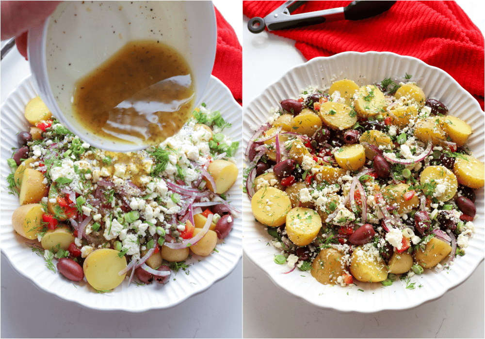 Some of the steps to making Greek Potato Salad. Drizzle with the vinaigrette and toss to coat.
Sprinkle with the remaining feta cheese, dill, green onions, and parsley.