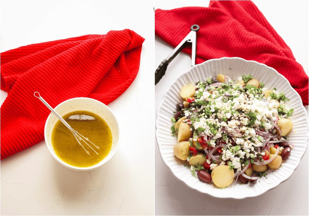 Some of the steps to making Greek Potato Salad. Whisk the vinaigrette ingredients together.
Add the sliced potatoes, olives, bell pepper, red onion, half the feta cheese, capers, and most of the fresh dill.