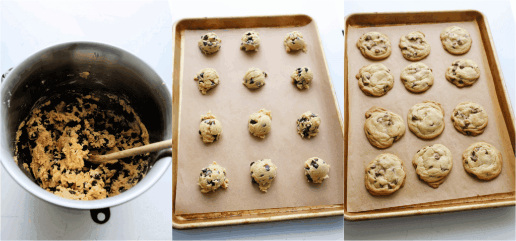 Some the steps to making brown butter chocolate chip cookies. Stir in the chocolate chips. Using a cookie scoop, place dough balls about 2 1/2 inches apart. Bake until lightly browned and set.