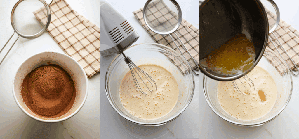 Some of the steps to making banana brownies. Sift the flour, salt, baking soda, and baking cocoa together in a medium bowl and set it aside.

Beat the eggs, sugar, vanilla extract, and mashed bananas with a handheld electric mixer fitted with the whisk attachment for a minute. Slowly whisk in the butter using the mixer on low.