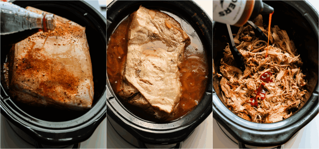 Some of the steps to making Dr Pepper pulled pork. Add the Worcestershire sauce, apple cider vinegar, and Dr. Pepper. Cover and cook on high for 4-5 hours or on low for 7-8 hours. Using 2 forks, shred the pork, removing the fat and cartilage. Add the barbecue sauce and toss to coat. 