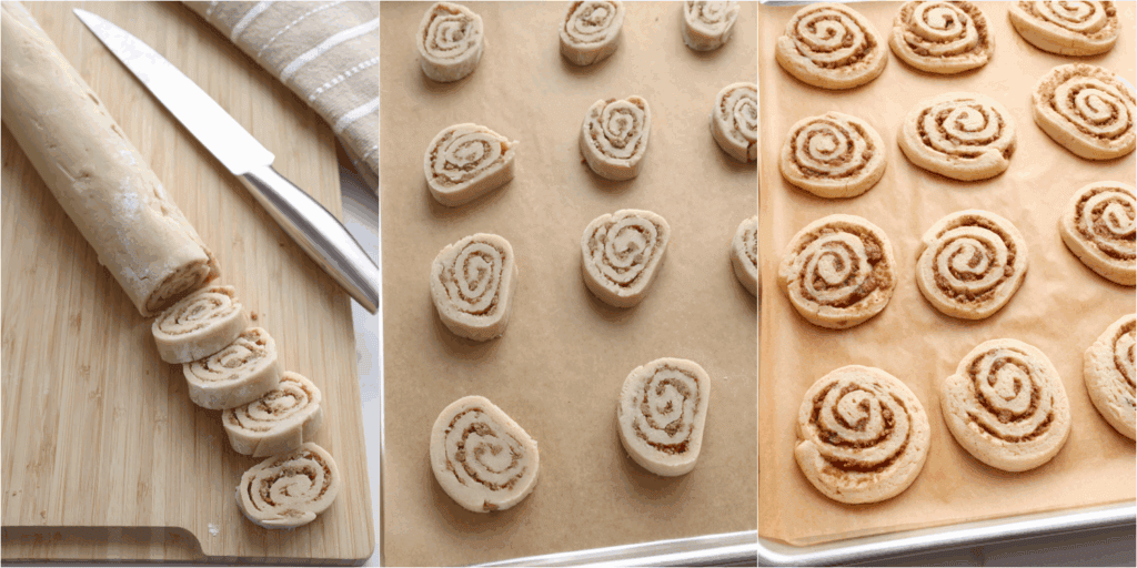 Some of the steps to making cinnamon roll cookies. Slice the cookie dough and place the slices on a parchment-covered baking sheet. Bake until lightly browned.