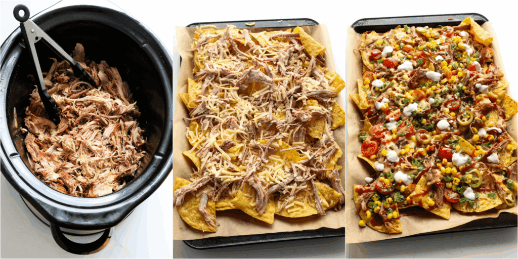 Some of the steps to making pulled pork nachos. Using 2 forks, shred the pork. 

Spread the chips in a layer on a parchment paper-covered baking sheet and top with the cheese and shredded pork. Pop them in the oven for about 5-7 minutes or until the cheese melts.  Top with pickled jalapenos, tomatoes, crisp corn, green onions, barbecue sauce, sour cream, and cilantro.