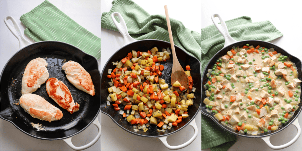 Some of the steps to making chicken cobbler. Brown the chicken breasts in a large skillet over medium heat. Cook the onions, carrots, and potatoes over medium-low heat until the onions are soft. Reduce the heat to low and add the garlic, thyme, poultry seasoning, salt, and black pepper. Sprinkle the vegetables with 3 tablespoons of flour and cook while stirring for 2 minutes. Slowly stir in the chicken broth and milk. Cook over low heat until slightly thickened. Stir in the peas.