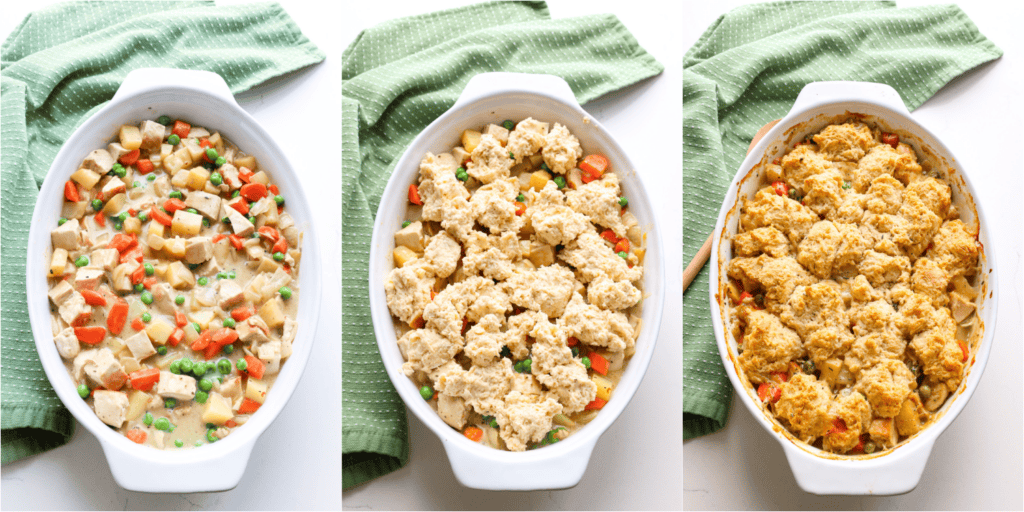 Some of the steps to making chicken cobbler. Transfer the stew to a 2-2½ quart casserole dish.
Whisk the flour, baking powder, salt, and Cajun seasoning. Using a pastry knife, cut the butter into the flour until it resembles small crumbles. Stir in the buttermilk. Drop the dough over the hot stew. Bake until the casserole is bubbly and the biscuit topping is golden brown.