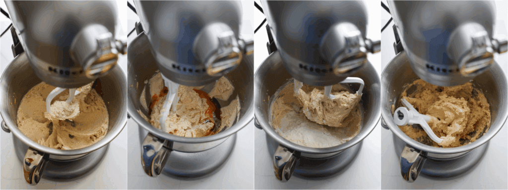 Some the steps to making brown butter chocolate chip cookies. Cream the solidified brown butter and both sugars. Reduce the speed to low and add the vanilla extract and eggs one at a time.
Add the flour in several increments, mixing just until combined. Stir in the chocolate chips.