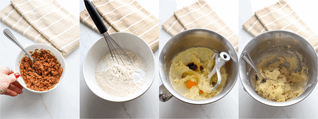 Some of the steps to making cinnamon roll cookies. Mix the melted butter, brown sugar, flour, and ground cinnamon in a small bowl. Whisk the flour, baking powder, and salt in a medium bowl. Using a stand mixer with the paddle attachment on medium speed, cream the butter, sugar, maple syrup, and cream cheese. Reduce the speed to low and mix in the egg and vanilla extract. Add the flour mixture in several increments, mixing just until combined.