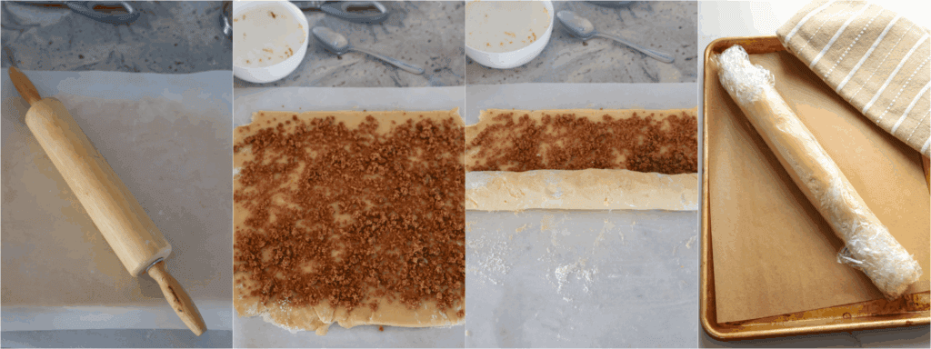 Some of the steps to making cinnamon roll cookies. Using parchment paper, roll the dough into a 12x13-inch rectangle. Sprinkle the cinnamon mixture over the dough. Roll the dough up slowly and tightly. Wrap in plastic wrap and refrigerate for 2 hours up to overnight.