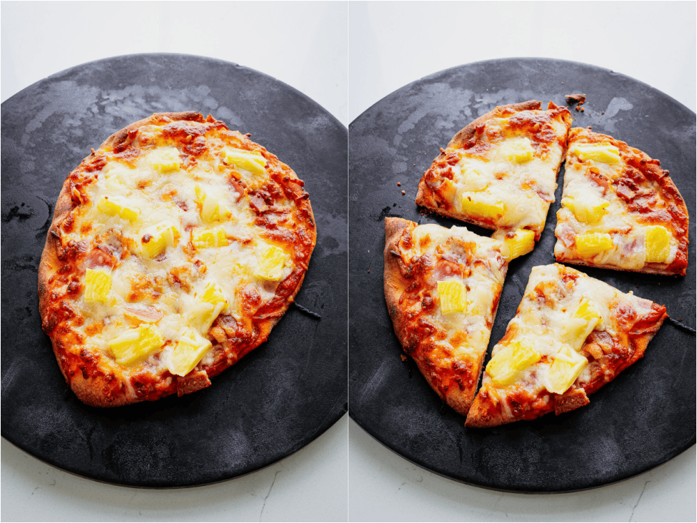 Some of steps to making Hawaiian pizza. Bake until the pizza lightly browns and the cheese melts.