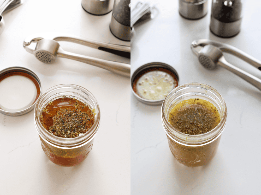 Some of the steps to making Mediterranean pasta salad. Mix the salad dressing ingredients in a mason jar or in a bowl with a whisk.