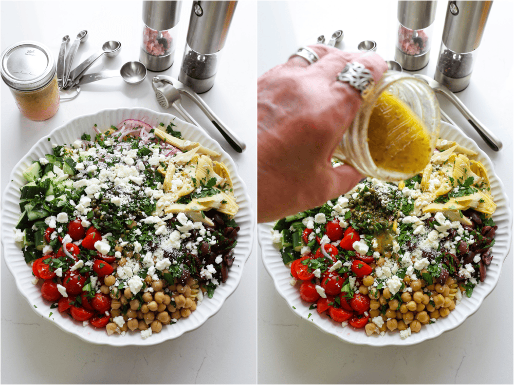 Some of the steps to making Mediterranean pasta salad. Add the cooled pasta and the remaining salad ingredients to a large serving bowl. Drizzle with the vinaigrette and toss to coat.