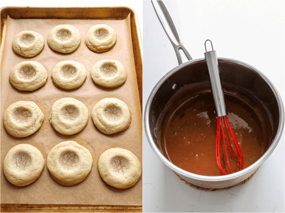 Some of the steps to making pecan pie cookies. Bake the cookies until golden brown on the bottom. Immediately after baking, make an indent in the top of each cookie using a cookie scoop. Fully cool the cookies. Add the brown sugar, butter, and corn syrup to a heavy skillet. Cook over medium heat, stirring constantly for 5-6 minutes.