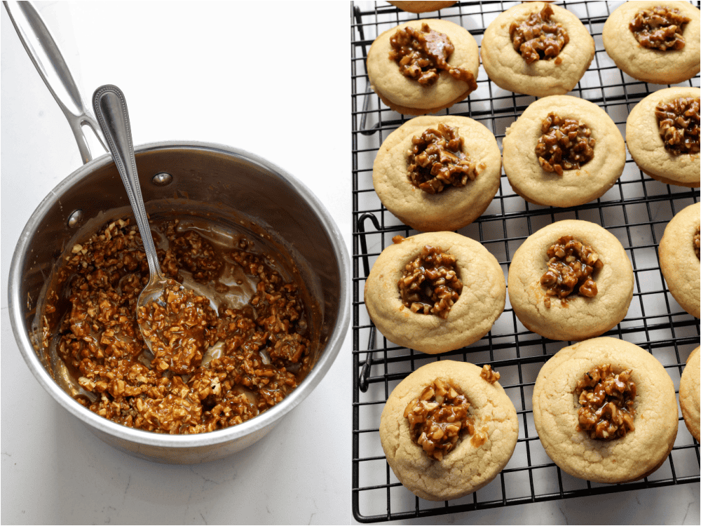 Some of the steps to making pecan pie cookies. stir in the heavy cream, vanilla extract, salt, and chopped pecans. Fill the cookies with the pecan mixture, dividing evenly.