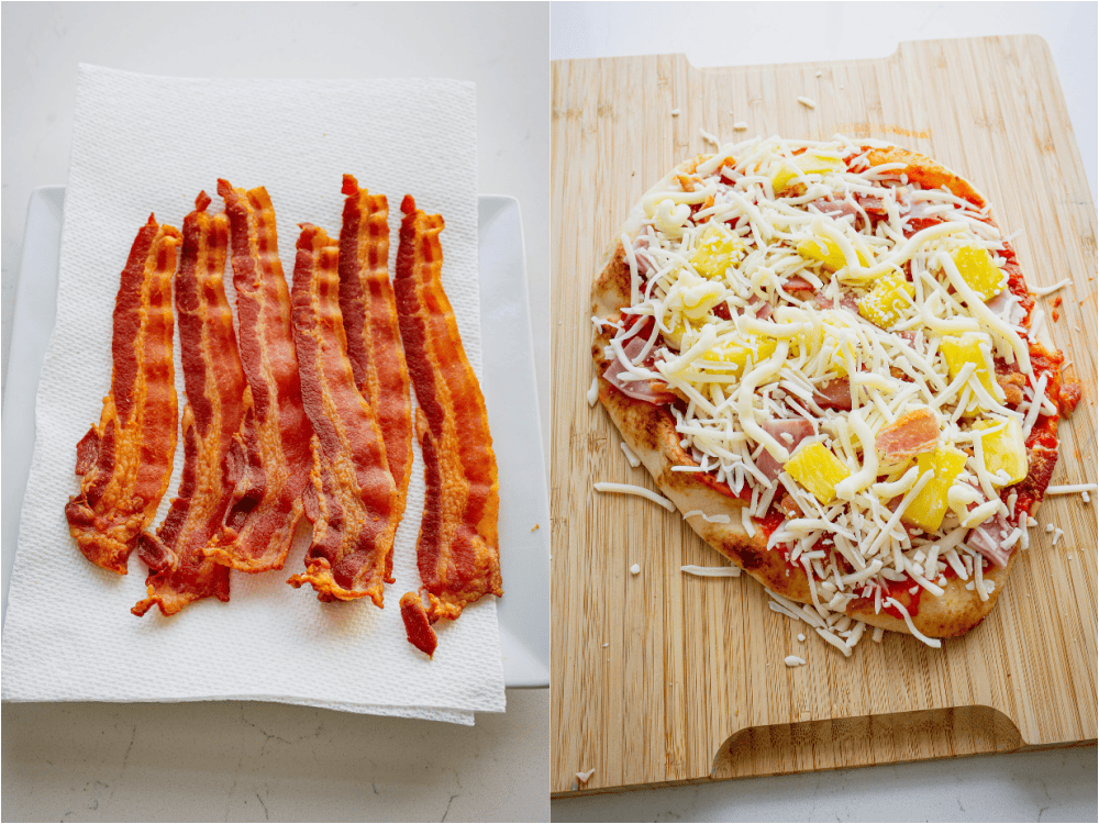 Some of steps to making Hawaiian pizza. Bake the bacon in the oven. Layer each flatbread with marinara sauce, cheese, pineapple, ham, and bacon