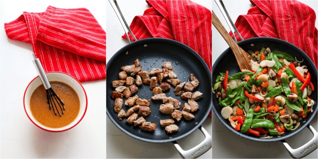 Some of the steps to making pork chop suey. Whisk the sauce ingredients in a small bowl. 
Sprinkle the pork with cornstarch and toss to coat. Brown the pork on both sides in a large skillet over medium heat. Plate the cooked pork. Cook the onions, bell pepper, celery, carrots, and mushrooms over medium-high heat until the vegetables are crisp-tender and the mushrooms are brown. Add the snow peas and cook for a minute.