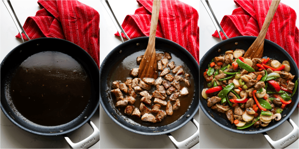 Some of the steps to making pork chop suey. Whisk the sauce again and add it to the skillet. Whisk and cook over medium heat until thickened. Add the meat and the vegetables back to the skillet and toss to coat. 