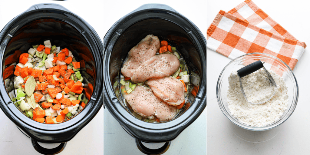 Some of the steps for makoing crockpot chicken pot pie. Add the onion, celery, carrots, thyme, rosemary, and bay leaves to the bottom of the crock pot. Lay the chicken breasts on top of the vegetables and sprinkle with salt and pepper. Pour the chicken broth down the sides. In a large bowl, whisk together flour, baking powder, sugar, and salt.
Cut the butter in with a pastry knife. 