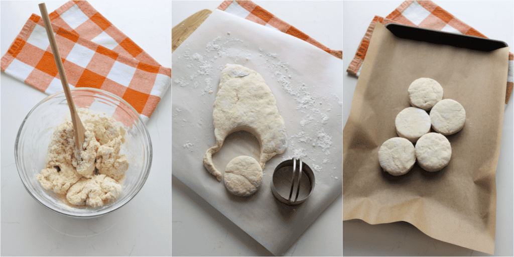 Some of the steps to making crockpot chicken pot pie.  Stir in the chilled milk mixing just enough to combine.
Transfer to a floured work surface.  Using your hands, pat it out. Cut and biscuits and place them side by side on a parchment covered nbaking sheet. 