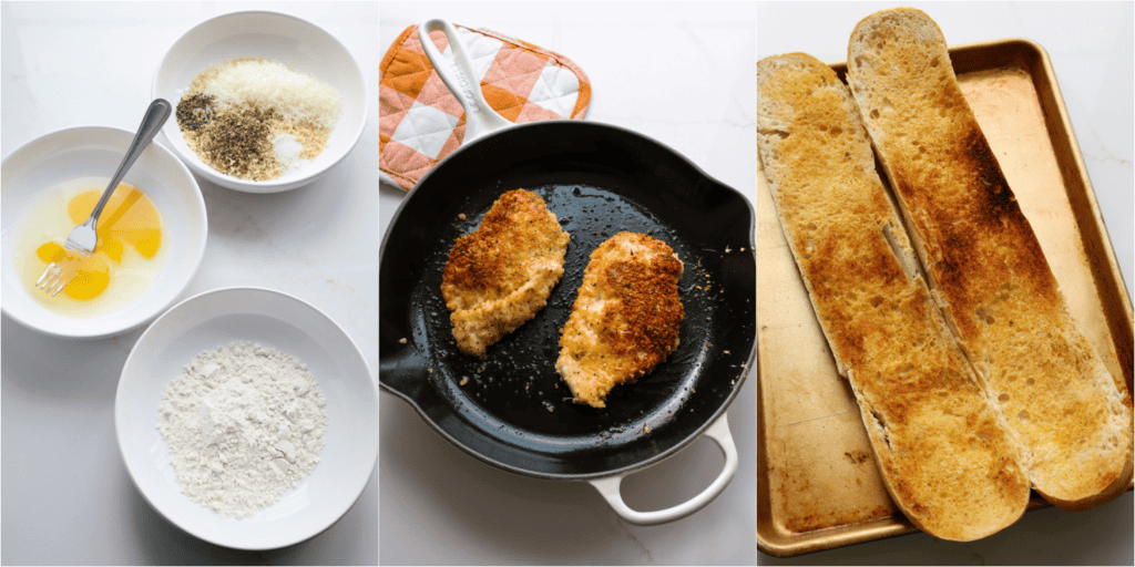 Some of the steps in making chicken parmesan sandwich. Set up your breading stations with three shallow bowls. One with flour, one with beaten eggs and water, and the final one with panko breadcrumbs, Parmesan cheese, Italian seasoning, salt, and black pepper. Dredge the chicken filets through the flour, then into the beaten egg, and then through the breadcrumb mixture. Heat a little olive oil in a large skillet. Cook until golden brown and cooked through. Butter and toast the Italian bread.
