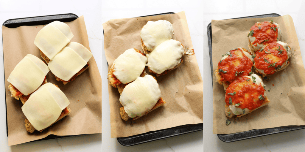 Some of the steps for making chicken parmesan sandwiches. Spread the marinara over the cooked chicken breasts. Place two slices of mozzarella on each chicken breast, then broil the chicken until the cheese melts. Spread a little more marinara over the melted cheese and top with fresh basil. Layer the bread with the hot chicken breasts. Slice the bread into four sandwiches.