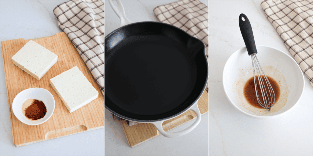 Some of the steps to making crispy baked tofu. Cut the tofu in half lengthwise. Wrap it in a clean towel. Weigh it down with a heavy skillet to squeeze out the moisture. Let it sit weighted down for about 30 minutes. Whisk the sesame oil and soy sauce together. Gently toss the tofu in the oil.